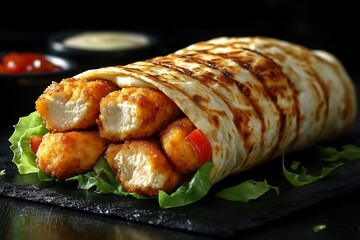 Wall Mural - A delicious wrap filled with crispy chicken and fresh vegetables.