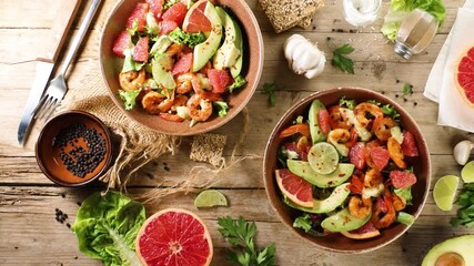 Poster - Fresh shrimp salad with avocado and grapefruit. Ideal for healthy diet, vegetarian lifestyle, and nutrition concepts