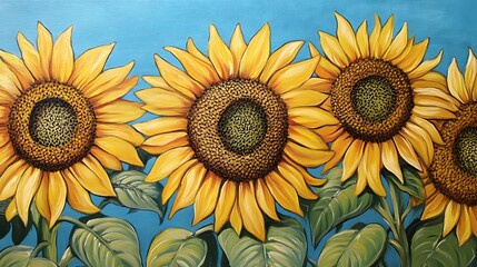 A close-up painting of three sunflowers against a blue sky.