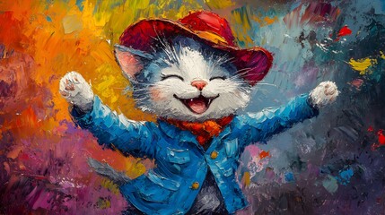 Cheerful Cat in Red Cowboy Hat and Blue Jacket Painting Art