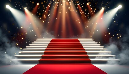 Wall Mural - Glamorous red carpet staircase illuminated by spotlights and surrounded by smoke at a festive awards ceremony event