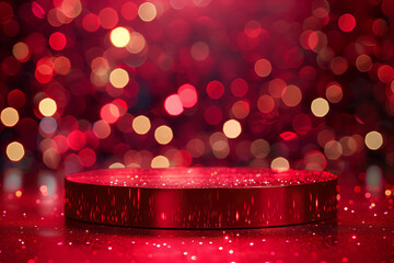 Luxurious red podium for product display. Glitter, bokeh.