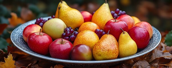 A vibrant assortment of apples, pears, and grapes arranged on a decorative platter.