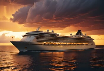 A large cruise ship sailing on the ocean at sunset, with dramatic clouds in the sky and the ship's reflection visible in the water