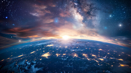 Wall Mural - Panoramic view on planet Earth globe from space. Glowing city lights, light clouds.