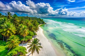 Kenya's Diani Beach features stunning white sandy shores, crystal-clear turquoise waters, and abundant lush greenery,