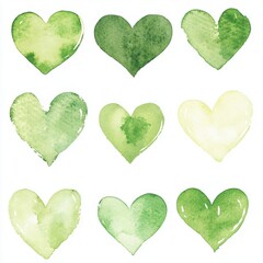 Wall Mural - Green Watercolor Hearts.