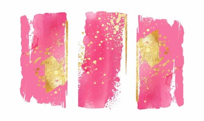 Wall Mural - Pink and golden painted grunge stains and lines set, abstract rectangular banners