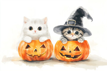 Halloween cute kitten in witch hat on white background. Funny cat sitting on spooky pumpkin jack o lantern. Watercolor cartoon illustration for greeting card, banner, poster