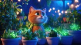 Adorable kitten in enchanted garden with glowing plants and fairy lights