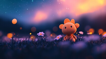 Poster - Cute Toy Character Sitting in a Field of Flowers at Sunset.