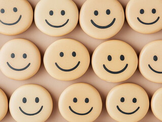 3d beige round smiley faces displayed in a pattern