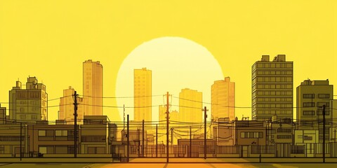 Wall Mural - Silhouettes of buildings against a glowing sunset.