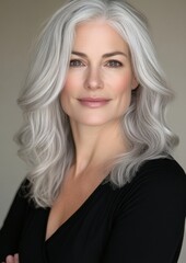 A woman with long gray hair is smiling for the camera