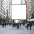 © AI Farm - Urban scene with a blank billboard, people walking in a busy street, modern buildings, and a vibrant city atmosphere.