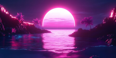 Sticker - Pink neon sunset over a tropical beach.