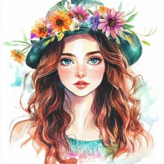 Poster - Watercolor Girl Hat Flowers.