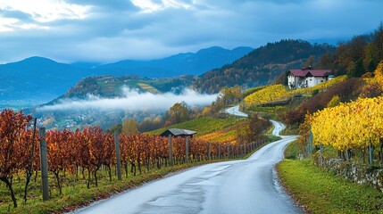 Wall Mural - Mesmerizing Autumn Landscape in Slovenia Featuring Heart-Shaped Road through Winery with Frosted Trees and Mist-Covered Mountains