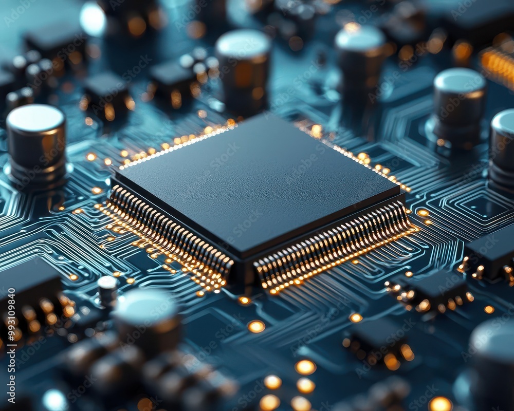Microscopic view of transistors on silicon chip, high detail ...