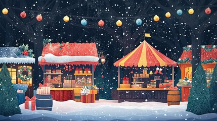 Poster -   A Christmas scene at a fairground featuring a carousel and a Christmas tree in the foreground with snowfall