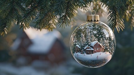 Wall Mural -   A Christmas ornament hanging from a tree with a small house in its center