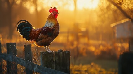 Poster -   A rooster perched atop a fence post amidst a field, bathed in sunlight filtering through the tree canopy behind