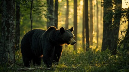 Wall Mural -   A bear stands in the forest, surrounded by trees and bathed in sunlight that filters through them, casting shadows on the lush green grass below