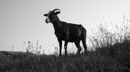 Canvas Print -   Black and white image of a goat amidst tall grass with a blue sky in the backdrop