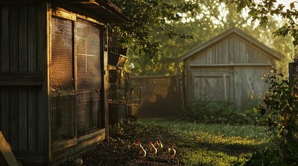 Wall Mural -   A cluster of chickens congregated near a wooden shack and a shed adjoined to another shed across the lawn