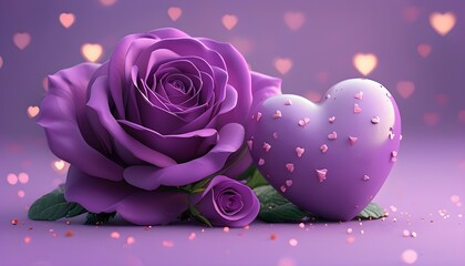 Elegant 3D Illustration of Purple Roses and Heart Shapes Set Against a Bokeh Background for Mothers Day and Valentines Day Celebrations