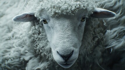 Poster -   A close-up of a sheep's face with a blurred background of its wool