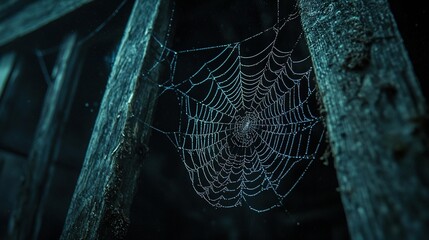 Wall Mural - a spider web clings to the side of a wooden structure in a dark forest, adorned with water droplets