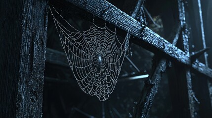 Wall Mural - a spider web dangles from the wooden structure in the dark forest