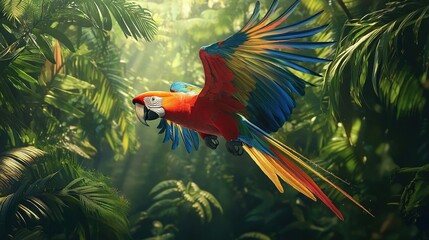 Poster -   A colorful parrot flies through a lush jungle with sunbeams filtering through the leafy trees