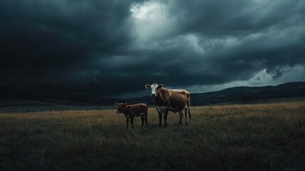 Wall Mural -   A couple of cows graze in a verdant meadow beneath an overcast sky, as ominous clouds loom above