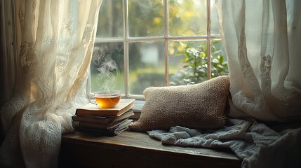   A collection of books atop a windowsill beside a steaming cup of tea and a plush pillow