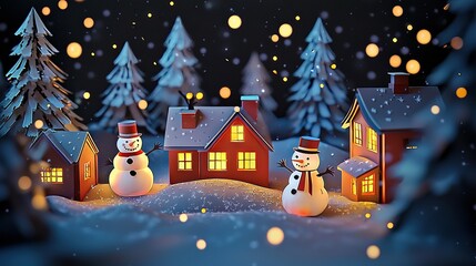 Sticker -   A pair of snowmen stand beside each other, facing a snowy hill with houses and trees in the background