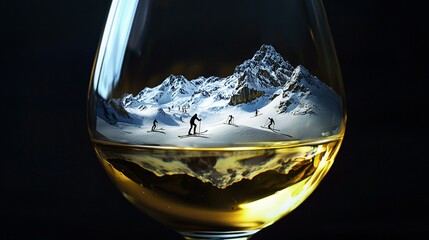 Sticker -   A zoomed-in photo of a wine glass featuring a mountain inside, with skiers positioned at the base