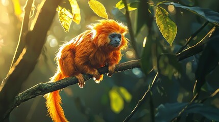 Wall Mural -   A monkey on a tree branch against a backdrop of green leaves, bathed in golden light filtering through the foliage