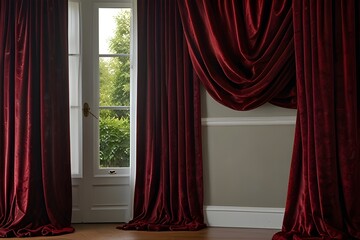 Velvet curtain (soft, deep red or burgundy velvet curtain draped romantically)