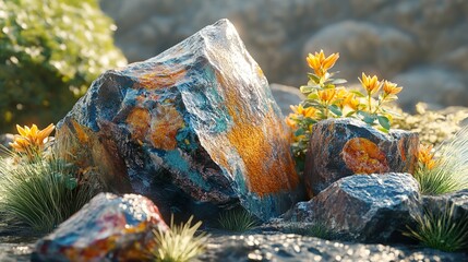 Canvas Print - Vibrant Yellow Flowers Blooming Among Colorful Rocks