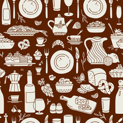 Seamless pattern with drink and food on brown background. Kitchen decoration vector illustration.