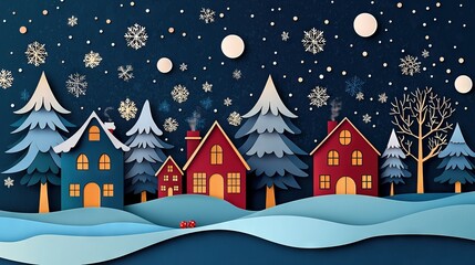 Sticker -  Winter scene with houses and snowflakes on a dark blue background, snowflakes falling from the sky