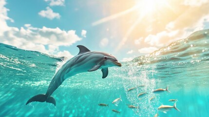 Wall Mural - Playful Dolphin Swimming in Bright Ocean Waters