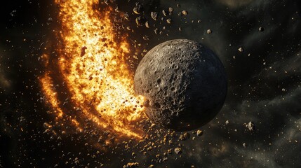 Wall Mural - explosive meteoroid collision with a rocky moon, showing a dramatic display of cosmic fireworks