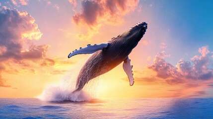 Sticker - Majestic Whale Breaching at Sunset Over the Ocean