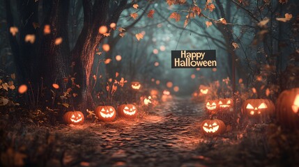 Wall Mural - dark forest path with jack-o-lanterns lighting the way and a text - 