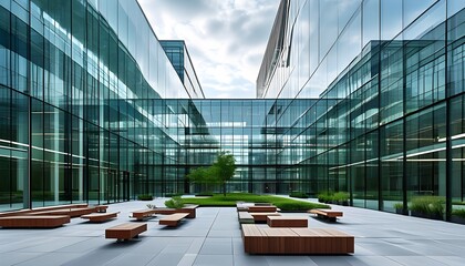 Modern university campus featuring stunning glass facade, inviting landscaped courtyard, and comfortable seating areas