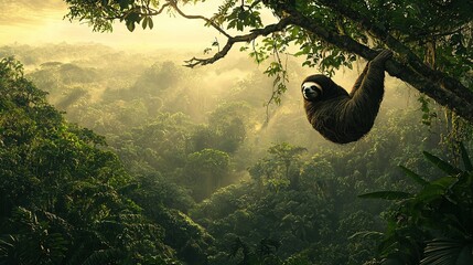 Poster -   A lone sloth dangles in the dense forest canopy, surrounded by towering trees and lush foliage