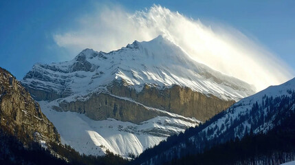 Poster -   A mountain capped in snow, topped with a sign reading 'Mountains in Snow'